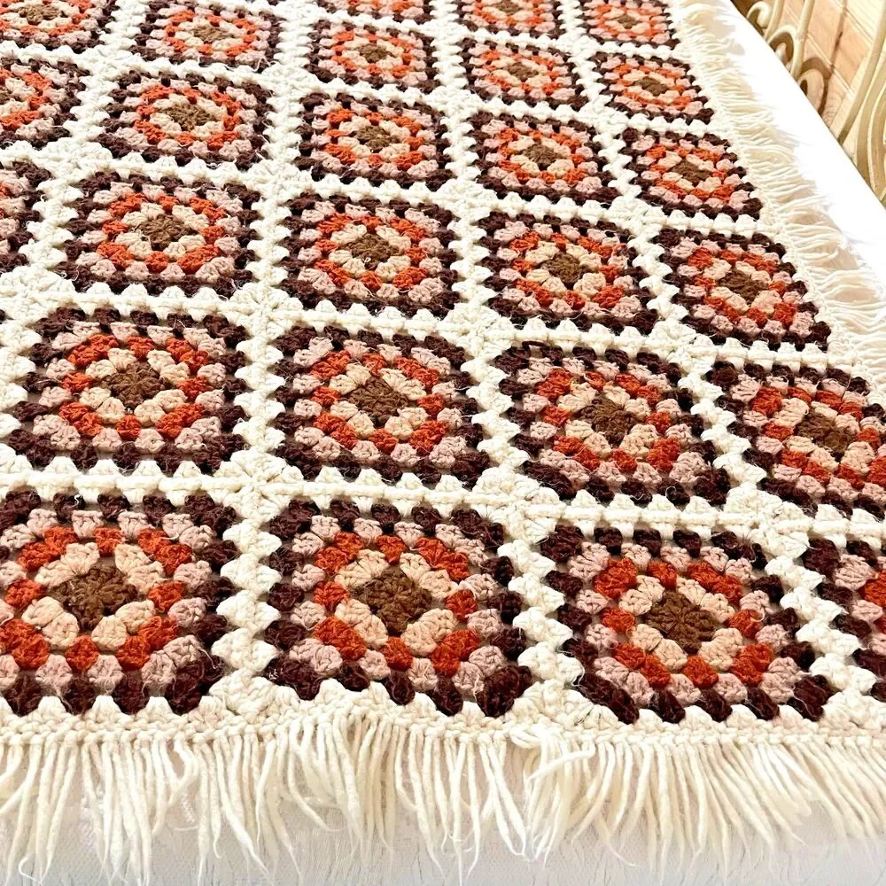 VTG Handmade Afghan Granny Square Crochet Retro Earth Tones-Boho Style w/ Fringe